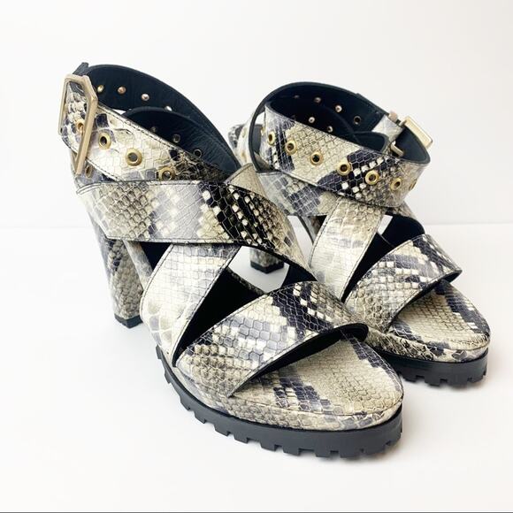 NWT AllSaints Sienna Snakeskin Print Leather Buckle Heeled Platform Sandal 8 - Picture 2 of 10